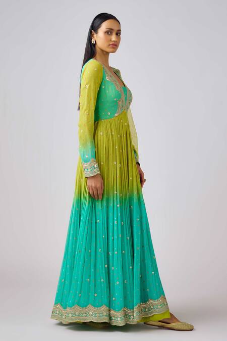Buy Basanti - Kapde Aur Koffee Green Georgette Sequins, Gota Patti, Zari V-neck Ombre Anarkali Set Online at Aza Fashions Buy_Basanti - Kapde Aur Koffee_Green Georgette Sequins, Gota Patti, Zari V-neck Ombre Anarkali Set_Online_at_Aza_Fashions