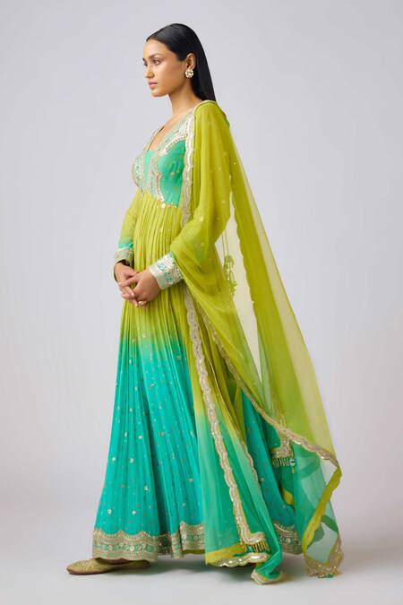 Shop Basanti - Kapde Aur Koffee Green Georgette Sequins, Gota Patti, Zari V-neck Ombre Anarkali Set Online at Aza Fashions Shop_Basanti - Kapde Aur Koffee_Green Georgette Sequins, Gota Patti, Zari V-neck Ombre Anarkali Set_Online_at_Aza_Fashions