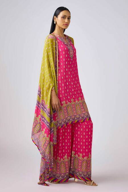 Buy_Basanti - Kapde Aur Koffee_Green Chiffon Mirrors, Sequins Round Neck Gulshan Print Cape And Flared Pant Set_Online_at_Aza_Fashions