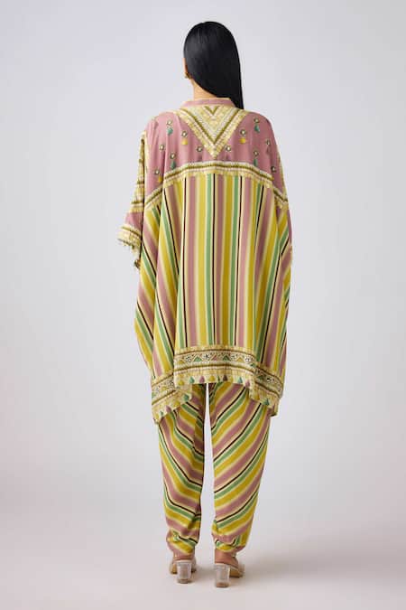 Basanti - Kapde Aur Koffee Striped Bloom Print Cape & Dhoti Pant Set 