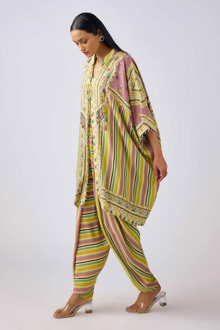 Basanti - Kapde Aur Koffee_Yellow Muslin Mirrors, Brooches Round Striped Bloom Print Cape And Dhoti Pant Set _Online_at_Aza_Fashions