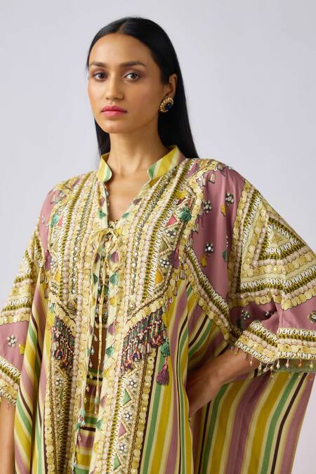 Buy_Basanti - Kapde Aur Koffee_Yellow Muslin Mirrors, Brooches Round Striped Bloom Print Cape And Dhoti Pant Set _Online_at_Aza_Fashions
