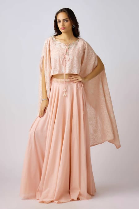 Basanti - Kapde Aur Koffee Thread Bloom Embroidered Cape & Skirt Set 