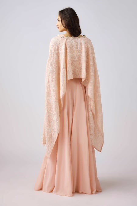 Basanti - Kapde Aur Koffee Thread Bloom Embroidered Cape & Skirt Set 