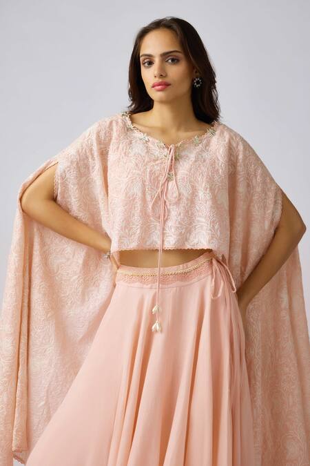 Basanti - Kapde Aur Koffee_Pink Cotton Embroidery Round Neck Thread Bloom Cape And Skirt Set _Online_at_Aza_Fashions