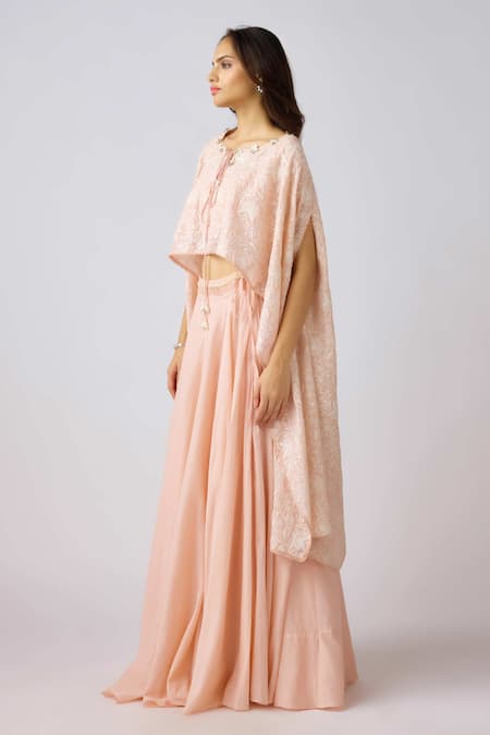 Buy_Basanti - Kapde Aur Koffee_Pink Cotton Embroidery Round Neck Thread Bloom Cape And Skirt Set _Online_at_Aza_Fashions