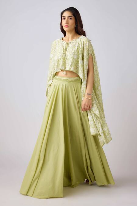 Basanti - Kapde Aur Koffee_Green Cotton Embroidery, Lace Round Neck Cape And Skirt Set_Online_at_Aza_Fashions