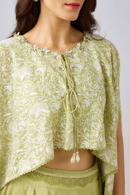 Buy_Basanti - Kapde Aur Koffee_Green Cotton Embroidery, Lace Round Neck Cape And Skirt Set_Online_at_Aza_Fashions