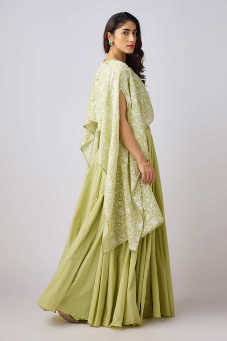 Shop_Basanti - Kapde Aur Koffee_Green Cotton Embroidery, Lace Round Neck Cape And Skirt Set_Online_at_Aza_Fashions