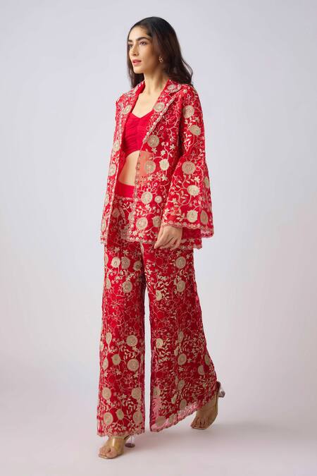 Basanti - Kapde Aur Koffee_Red Chiffon, Chanderi Pearls, Embroidery Sweetheart Jacket And Flared Pant Set_Online_at_Aza_Fashions