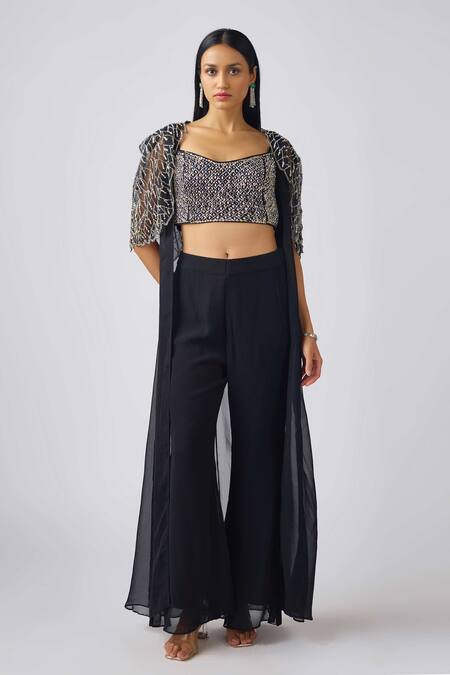 Basanti - Kapde Aur Koffee_Black Georgette Sequins, Cut Work Leaf Embroidered Cape And Sharara Set_Online_at_Aza_Fashions
