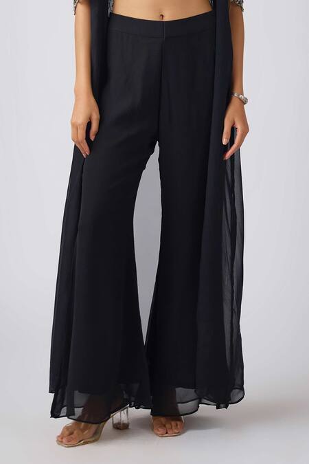 Buy_Basanti - Kapde Aur Koffee_Black Georgette Sequins, Cut Work Leaf Embroidered Cape And Sharara Set_Online_at_Aza_Fashions