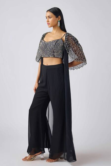 Shop_Basanti - Kapde Aur Koffee_Black Georgette Sequins, Cut Work Leaf Embroidered Cape And Sharara Set_Online_at_Aza_Fashions