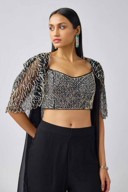 Basanti - Kapde Aur Koffee_Black Georgette Sequins, Cut Work Leaf Embroidered Cape And Sharara Set_at_Aza_Fashions