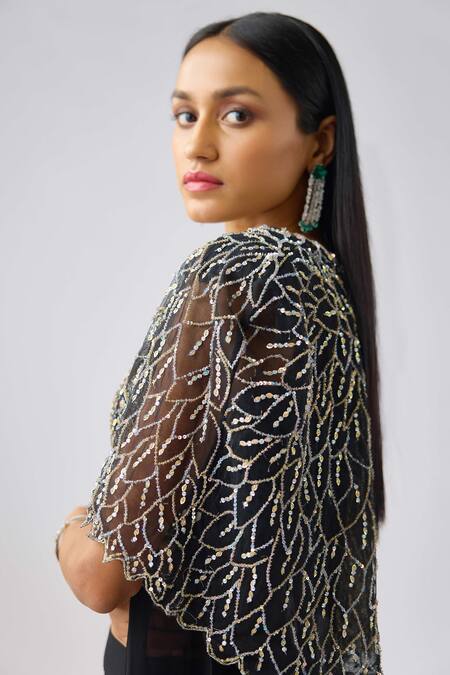 Buy_Basanti - Kapde Aur Koffee_Black Georgette Sequins, Cut Work Leaf Embroidered Cape And Sharara Set