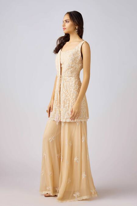 Buy_Basanti - Kapde Aur Koffee_Gold Georgette Sequins, Smocking, Gardenia Embroidered Jacket And Sharara Set_Online_at_Aza_Fashions