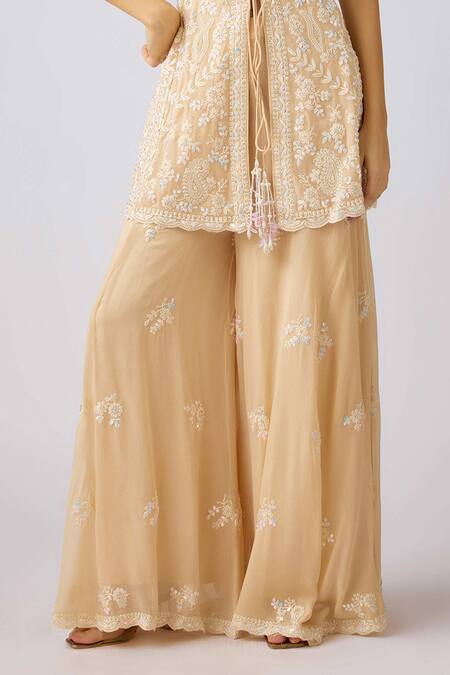 Shop_Basanti - Kapde Aur Koffee_Gold Georgette Sequins, Smocking, Gardenia Embroidered Jacket And Sharara Set_Online_at_Aza_Fashions