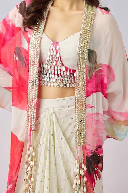 Buy_Basanti - Kapde Aur Koffee_Multi Color Crepe, Georgette Beads Floral Print Cape And Draped Skirt Set_Online_at_Aza_Fashions