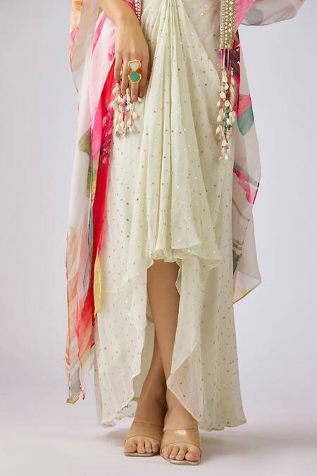 Basanti - Kapde Aur Koffee_Multi Color Crepe, Georgette Beads Floral Print Cape And Draped Skirt Set_at_Aza_Fashions