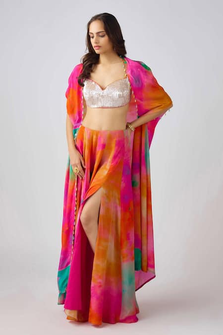 Basanti - Kapde Aur Koffee Multi Color Crepe Sequins, Embroidery Sweetheart Neck Tie Dye Cape And Sharara Set 
