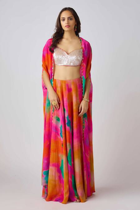 Basanti - Kapde Aur Koffee Multi Color Crepe Sequins, Embroidery Sweetheart Neck Tie Dye Cape And Sharara Set Online at Aza Fashions Basanti - Kapde Aur Koffee_Multi Color Crepe Sequins, Embroidery Sweetheart Neck Tie Dye Cape And Sharara Set_Online_at_Aza_Fashions