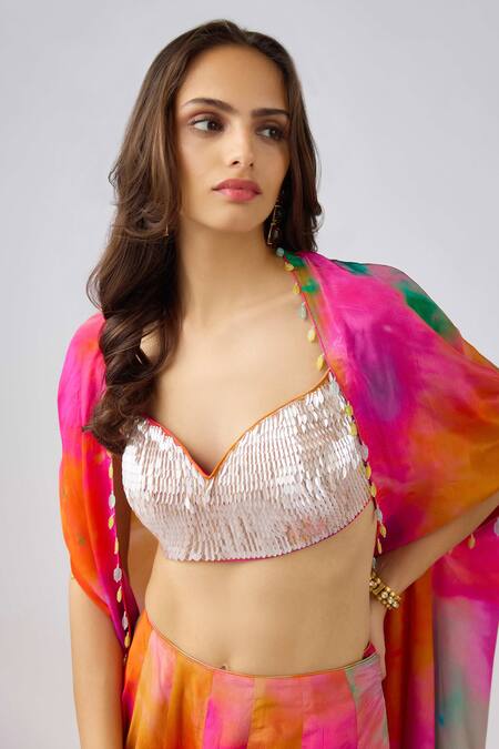 Buy Basanti - Kapde Aur Koffee Multi Color Crepe Sequins, Embroidery Sweetheart Neck Tie Dye Cape And Sharara Set Online at Aza Fashions Buy_Basanti - Kapde Aur Koffee_Multi Color Crepe Sequins, Embroidery Sweetheart Neck Tie Dye Cape And Sharara Set_Online_at_Aza_Fashions