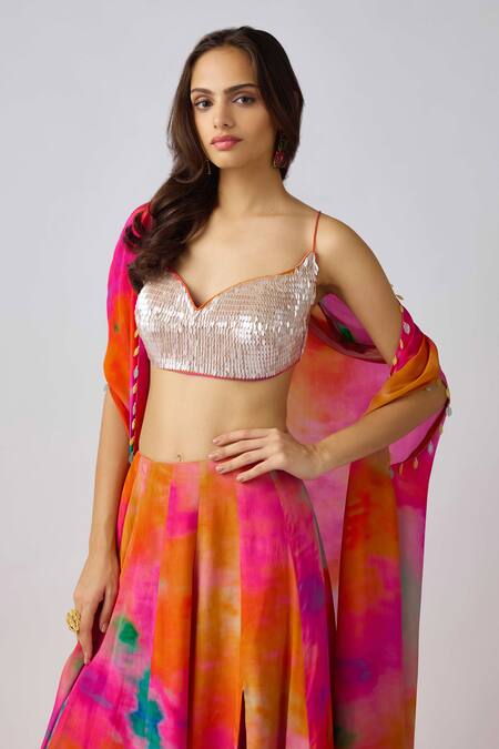 Shop Basanti - Kapde Aur Koffee Multi Color Crepe Sequins, Embroidery Sweetheart Neck Tie Dye Cape And Sharara Set Online at Aza Fashions Shop_Basanti - Kapde Aur Koffee_Multi Color Crepe Sequins, Embroidery Sweetheart Neck Tie Dye Cape And Sharara Set_Online_at_Aza_Fashions