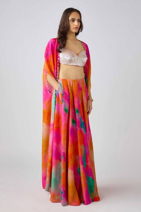 Basanti - Kapde Aur Koffee Multi Color Crepe Sequins, Embroidery Sweetheart Neck Tie Dye Cape And Sharara Set at Aza Fashions Basanti - Kapde Aur Koffee_Multi Color Crepe Sequins, Embroidery Sweetheart Neck Tie Dye Cape And Sharara Set_at_Aza_Fashions