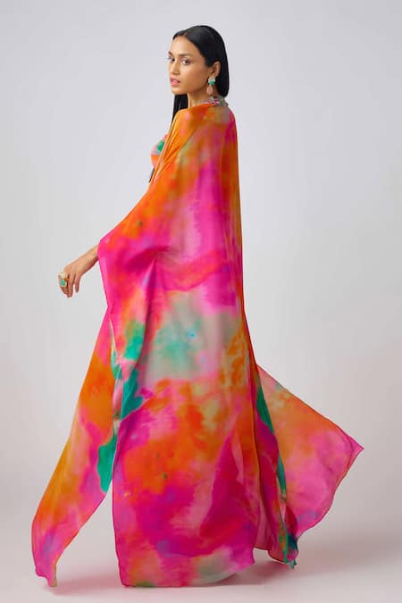 Basanti - Kapde Aur Koffee Multi Color Tie Dye Cape & Draped Skirt Set 