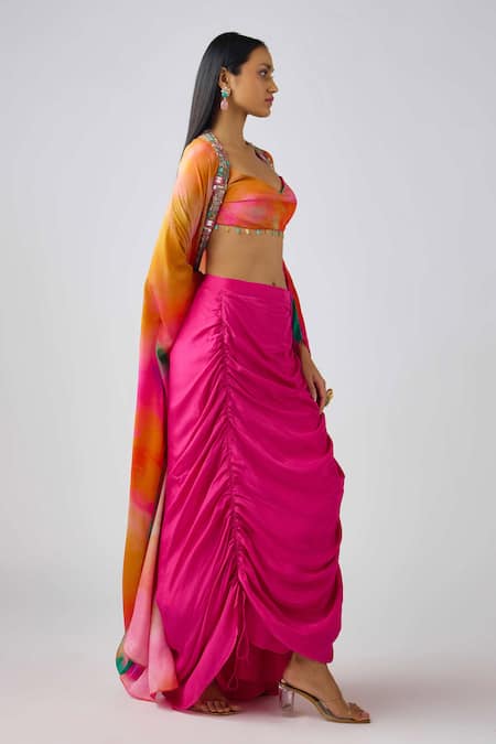 Basanti - Kapde Aur Koffee_Multi Color Crepe Beads Sweetheart Neck Tie Dye Cape And Draped Skirt Set _Online_at_Aza_Fashions