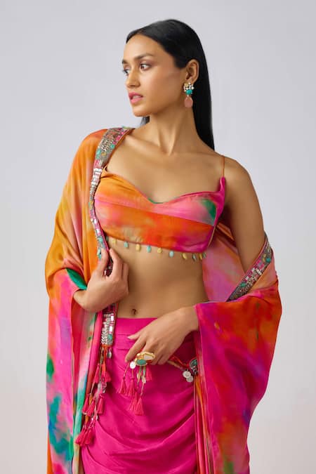 Buy_Basanti - Kapde Aur Koffee_Multi Color Crepe Beads Sweetheart Neck Tie Dye Cape And Draped Skirt Set _Online_at_Aza_Fashions