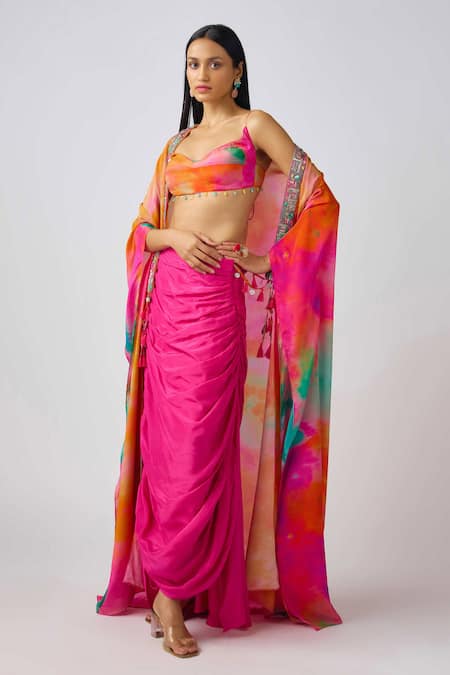 Shop_Basanti - Kapde Aur Koffee_Multi Color Crepe Beads Sweetheart Neck Tie Dye Cape And Draped Skirt Set _Online_at_Aza_Fashions