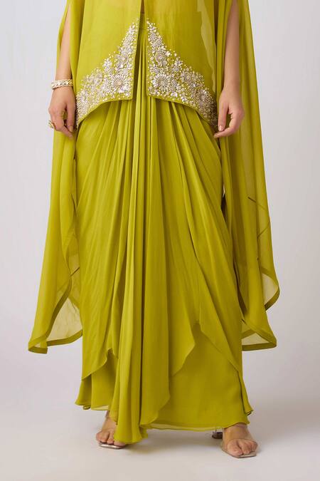 Basanti Kapde aur Koffee_Green Georgette Pearls, Beads, Cut Work, Bloom Cape And Draped Skirt Set_Online_at_Aza_Fashions