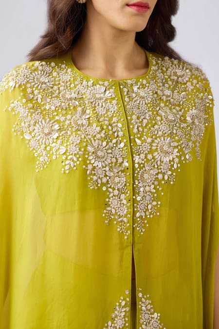 Shop_Basanti Kapde aur Koffee_Green Georgette Pearls, Beads, Cut Work, Bloom Cape And Draped Skirt Set_Online_at_Aza_Fashions