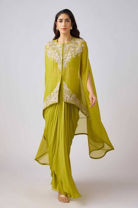 Basanti Kapde aur Koffee_Green Georgette Pearls, Beads, Cut Work, Bloom Cape And Draped Skirt Set_at_Aza_Fashions