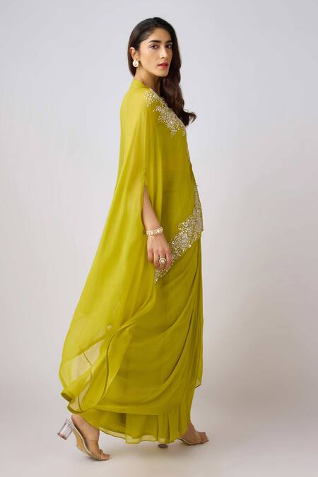 Buy_Basanti Kapde aur Koffee_Green Georgette Pearls, Beads, Cut Work, Bloom Cape And Draped Skirt Set