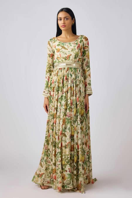 Basanti - Kapde Aur Koffee_White Chiffon Sequins, Beads Round Neck Blossom Print Anarkali With Dupatta _Online_at_Aza_Fashions