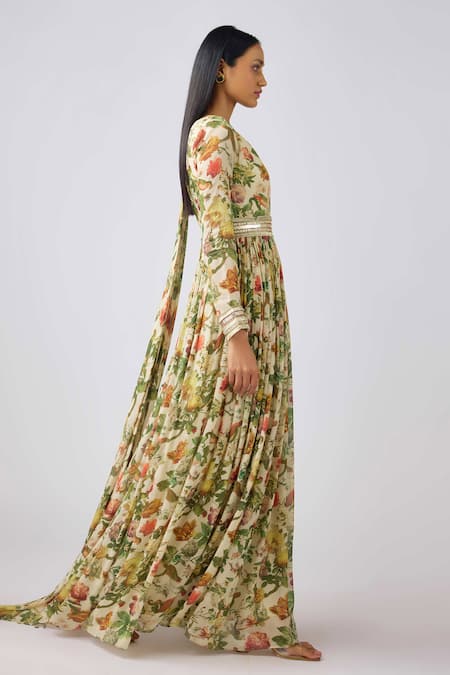 Shop_Basanti - Kapde Aur Koffee_White Chiffon Sequins, Beads Round Neck Blossom Print Anarkali With Dupatta _Online_at_Aza_Fashions