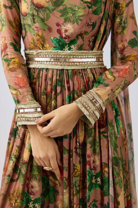 Basanti - Kapde Aur Koffee Peach Chiffon Sequins, Beads, Zari Round Neck Blossom Garden Print Anarkali Set Online at Aza Fashions Basanti - Kapde Aur Koffee_Peach Chiffon Sequins, Beads, Zari Round Neck Blossom Garden Print Anarkali Set _Online_at_Aza_Fashions