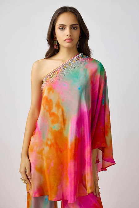 Buy_Basanti - Kapde Aur Koffee_Multi Color Crepe Crystals, Beads Asymmetric Embellished Cape Sharara Set _Online_at_Aza_Fashions