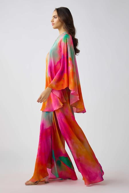 Shop_Basanti - Kapde Aur Koffee_Multi Color Crepe Crystals, Beads Asymmetric Embellished Cape Sharara Set _Online_at_Aza_Fashions