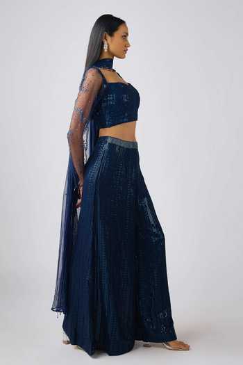 Basanti Kapde aur Koffee_Blue Georgette Sequins Sweetheart Neck Embroidered Blouse And Sharara Set_Online_at_Aza_Fashions