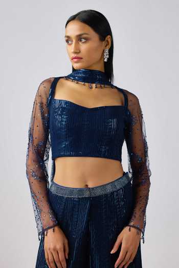 Buy_Basanti Kapde aur Koffee_Blue Georgette Sequins Sweetheart Neck Embroidered Blouse And Sharara Set_Online_at_Aza_Fashions
