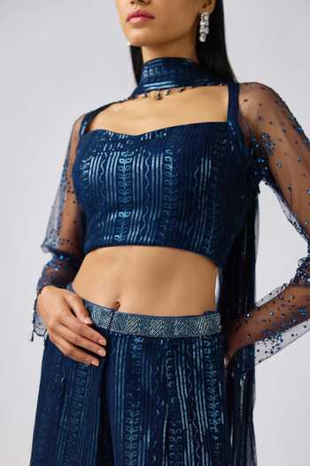 Shop_Basanti Kapde aur Koffee_Blue Georgette Sequins Sweetheart Neck Embroidered Blouse And Sharara Set_Online_at_Aza_Fashions