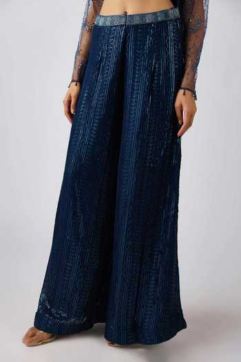 Basanti Kapde aur Koffee_Blue Georgette Sequins Sweetheart Neck Embroidered Blouse And Sharara Set_at_Aza_Fashions