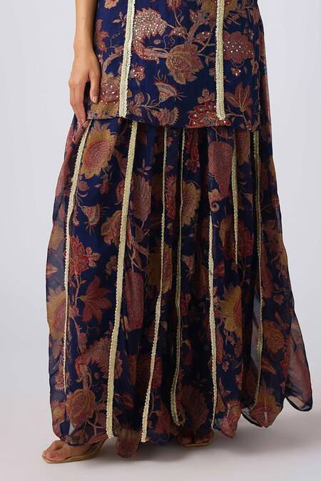 Basanti - Kapde Aur Koffee_Blue Organza Sequins, Pearls, Mirrors Split V-neck Embroidered Kurta Sharara Set_Online_at_Aza_Fashions