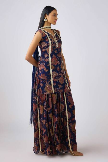 Shop_Basanti - Kapde Aur Koffee_Blue Organza Sequins, Pearls, Mirrors Split V-neck Embroidered Kurta Sharara Set_Online_at_Aza_Fashions