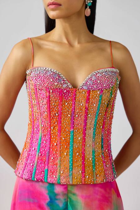 Shop_Basanti - Kapde Aur Koffee_Multi Color Crepe Stones, Beads, Swarovski Embroidered Corset Blouse And Sharara_Online_at_Aza_Fashions