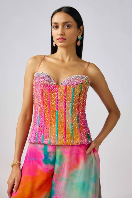 Basanti - Kapde Aur Koffee_Multi Color Crepe Stones, Beads, Swarovski Embroidered Corset Blouse And Sharara_at_Aza_Fashions