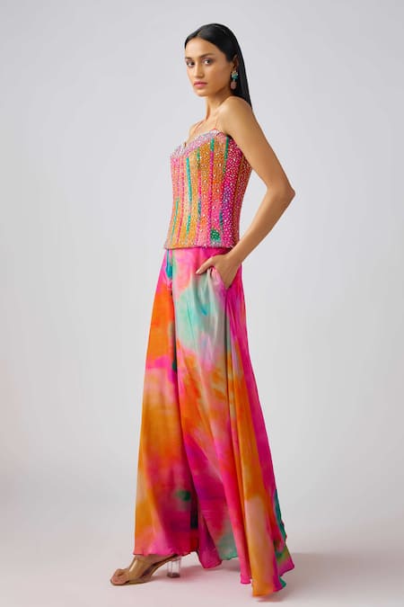 Buy_Basanti - Kapde Aur Koffee_Multi Color Crepe Stones, Beads, Swarovski Embroidered Corset Blouse And Sharara